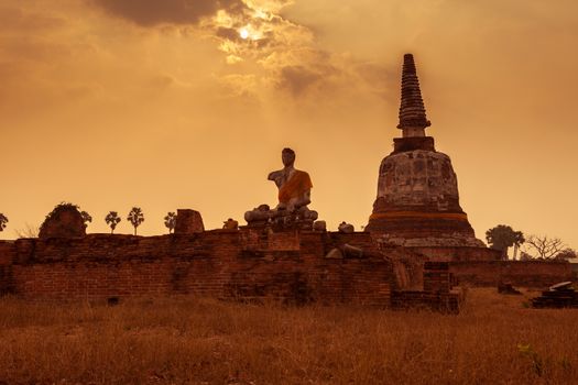 Thai temple sunset, the historical temple in Ayutthaya, Thailand