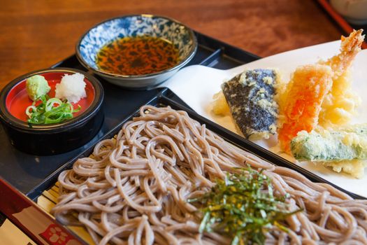 Japanese food Soba noodle with fried shrimp