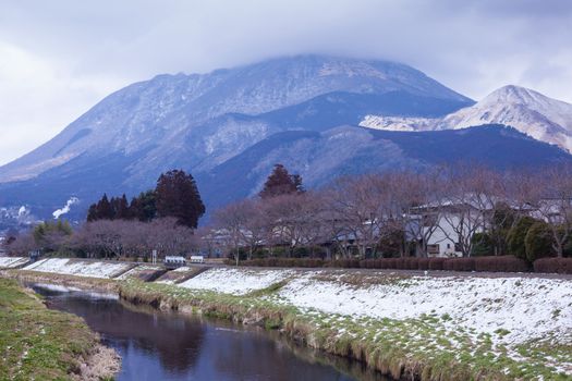 Small village with mountain and river in Yufuin, Japan