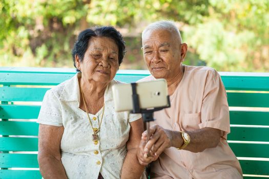 Happy senior couple posing for a selfie at home