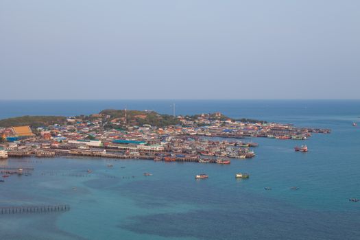 Aerial view of fishermen town on sunset in Thailand