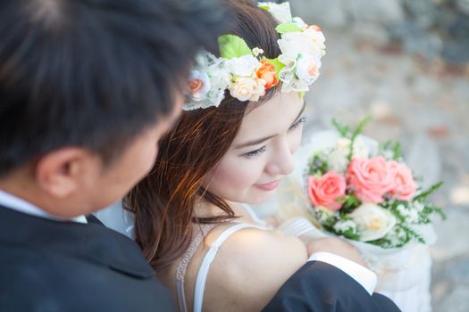 Happy young asian couple in love outdoor