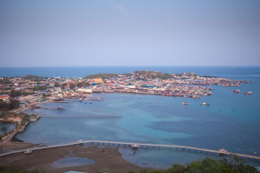 Aerial view of fishermen town on sunset in Thailand