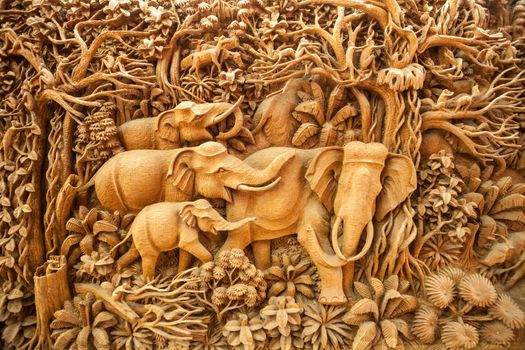 Carved Thai elephant on the wood