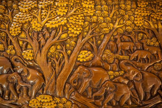 Carved Thai elephant on the wood