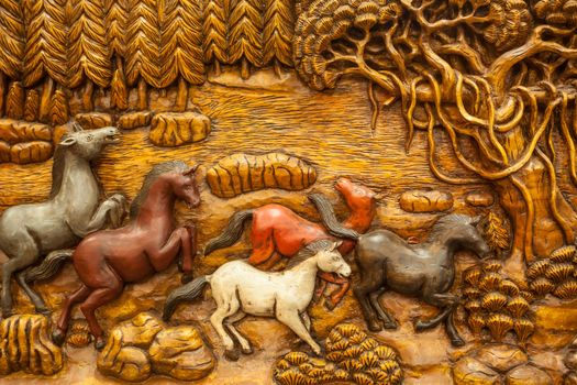 Carved Thai horse on the wood