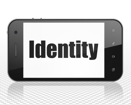 Protection concept: Smartphone with black text Identity on display, 3D rendering