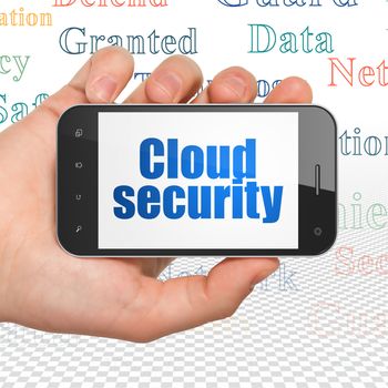 Privacy concept: Hand Holding Smartphone with  blue text Cloud Security on display,  Tag Cloud background, 3D rendering