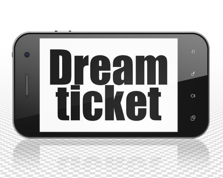 Finance concept: Smartphone with black text Dream Ticket on display, 3D rendering
