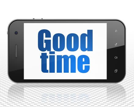 Time concept: Smartphone with blue text Good Time on display, 3D rendering