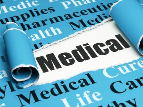 Healthcare concept: black text Medical under the curled piece of Blue torn paper with  Tag Cloud, 3D rendering