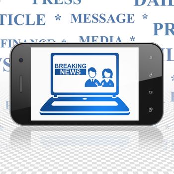 News concept: Smartphone with  blue Breaking News On Laptop icon on display,  Tag Cloud background, 3D rendering