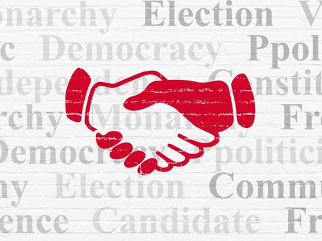Politics concept: Painted red Handshake icon on White Brick wall background with  Tag Cloud