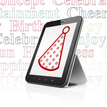 Holiday concept: Tablet Computer with  red Party Hat icon on display,  Tag Cloud background, 3D rendering