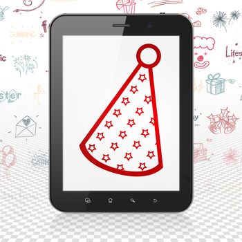 Holiday concept: Tablet Computer with  red Party Hat icon on display,  Hand Drawn Holiday Icons background, 3D rendering