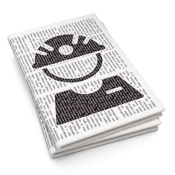 Manufacuring concept: Pixelated black Factory Worker icon on Newspaper background, 3D rendering