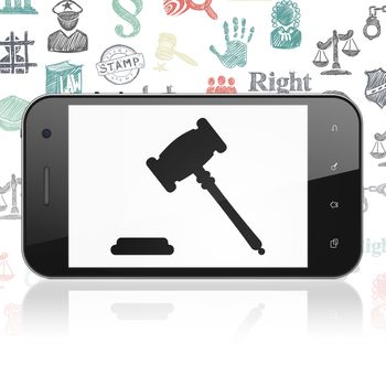 Law concept: Smartphone with  black Gavel icon on display,  Hand Drawn Law Icons background, 3D rendering