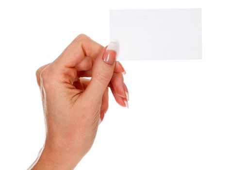 Female hand holds empty white card isolated on white background