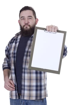 Bearded man in checkered shirt holding blank clipboard  over white background