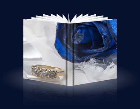 book of roses and wedding rings on white background