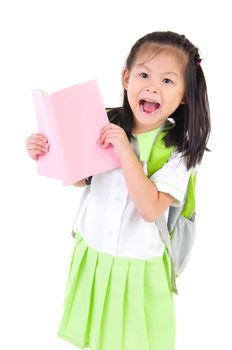 Happy little schoolgirl with books isolated on white background