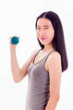 Teenage Chinese girl holding dumbbell in hand