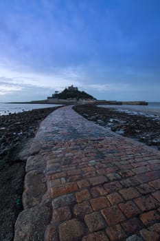 Portrait view of the causeway leading up to St Michael's Mount, Marazion, West Cornwall