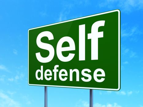 Safety concept: Self Defense on green road highway sign, clear blue sky background, 3D rendering