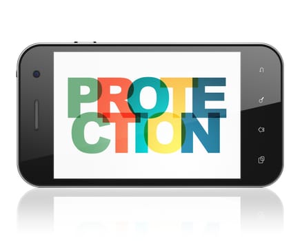 Privacy concept: Smartphone with Painted multicolor text Protection on display, 3D rendering