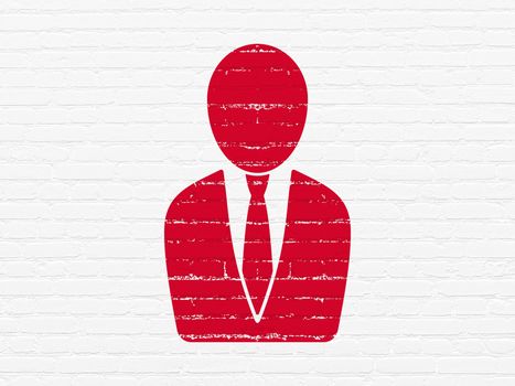 News concept: Painted red Business Man icon on White Brick wall background