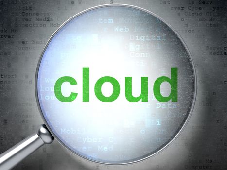 Cloud computing concept: magnifying optical glass with words Cloud on digital background, 3D rendering