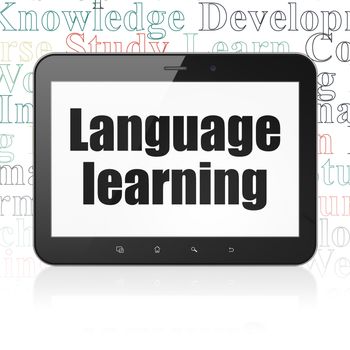 Studying concept: Tablet Computer with  black text Language Learning on display,  Tag Cloud background, 3D rendering
