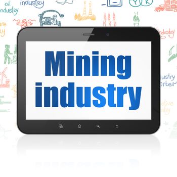 Manufacuring concept: Tablet Computer with  blue text Mining Industry on display,  Hand Drawn Industry Icons background, 3D rendering