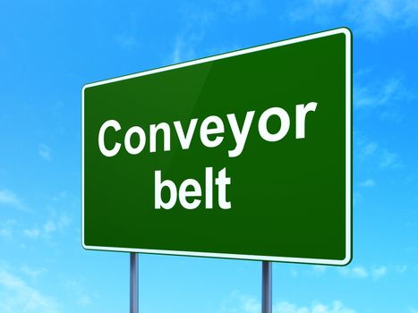 Industry concept: Conveyor Belt on green road highway sign, clear blue sky background, 3D rendering