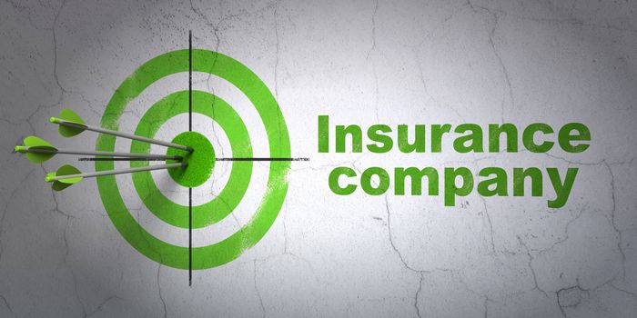 Success Insurance concept: arrows hitting the center of target, Green Insurance Company on wall background, 3D rendering