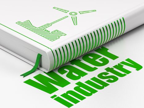 Industry concept: closed book with Green Windmill icon and text Water Industry on floor, white background, 3D rendering