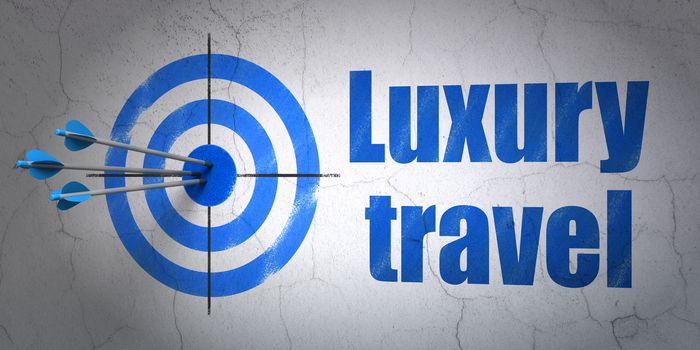 Success vacation concept: arrows hitting the center of target, Blue Luxury Travel on wall background, 3D rendering