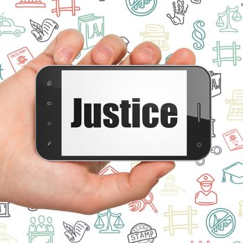 Law concept: Hand Holding Smartphone with  black text Justice on display,  Hand Drawn Law Icons background, 3D rendering