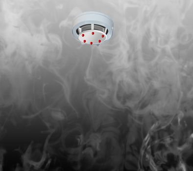 Smoke detector on the ceiling with red warning light sensor and smoke.