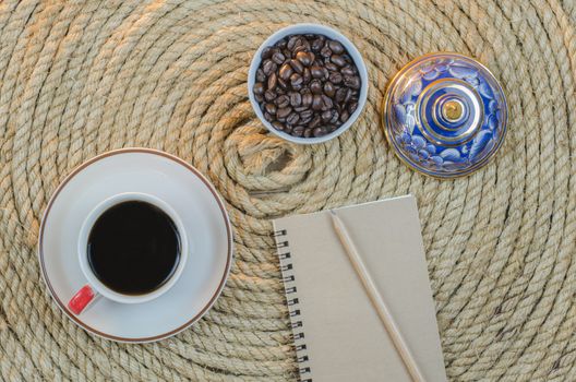 Relaxation drink coffee on a jute rope.