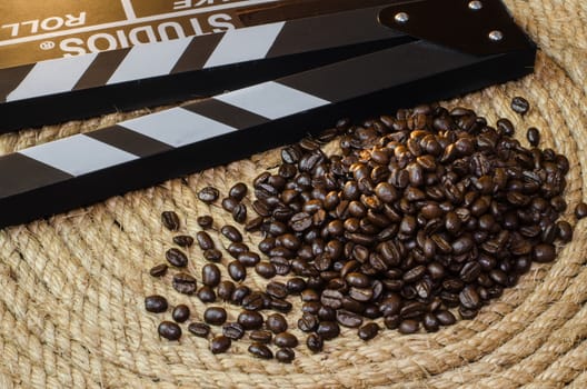 coffee beans with  slate on a jute rope.