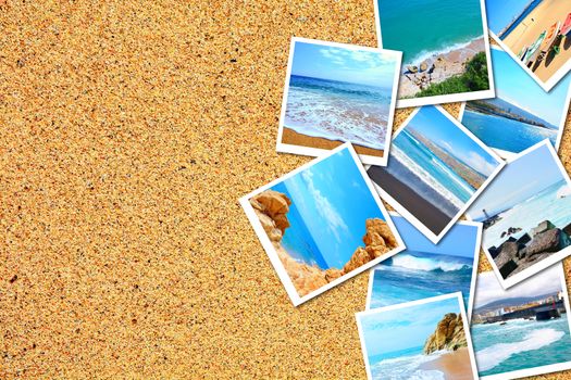 Heap of holidays pictures with beach and sea on sandy beach background.