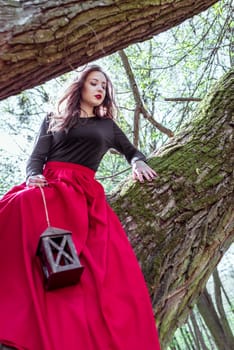 beautiful woman in a red dress with a lantern sits on a trunk in the forest