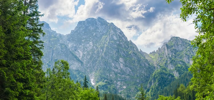 Panorama of the craggy mountain massif with trees in the foreground on the background of the sky with clouds in the Tatra Mountains 
