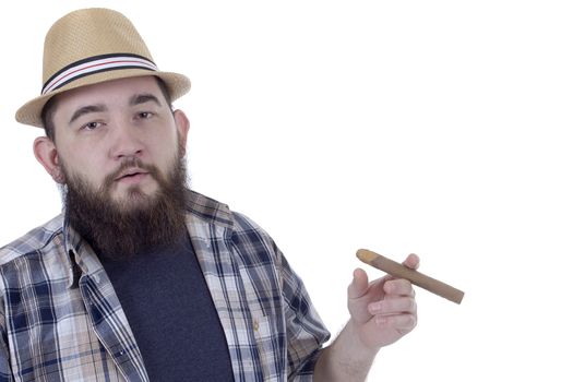 Bearded man smoking a cigar on a white background