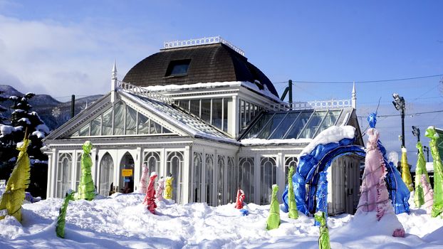 Glass house architecture snow winter in Hokkaido, Japan