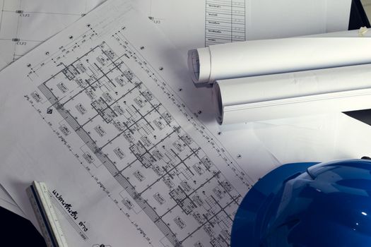 Engineering diagram blueprint paper drafting project sketch architectural,selective focus.