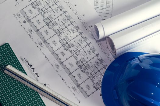 Engineering diagram blueprint paper drafting project sketch architectural,selective focus.