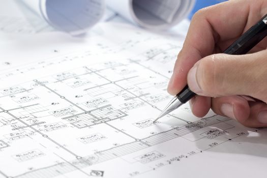 engineering diagram blueprint paper drafting project sketch architectural,selective focus.