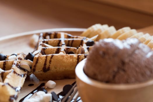 delicious sweet dessert : homemade waffle with chocolate sauce ,selective focus.